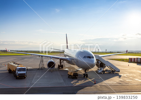 Wide body passenger airplane with boarding stairs at the airport. Airfield tanker refueling plane Wide body passenger airplane with boarding stairs at the airport. Airfield tanker refueling plane 139833250