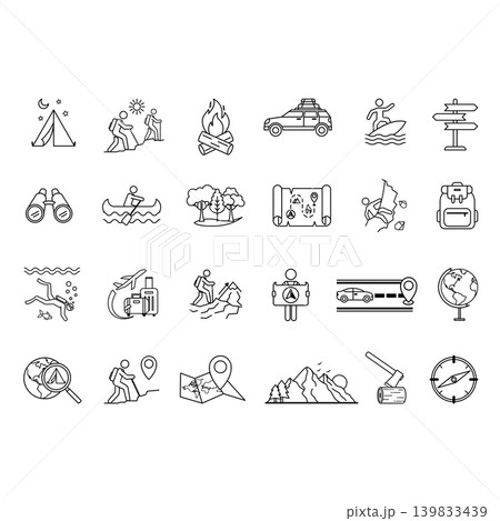 Line Adventure Icons. Vector Icons Travel, Hike, Campfire, Mountains, Climbing, Scuba Diving. Camping, Quest, Surfing, Road Trip, Canoe, and More 139833439