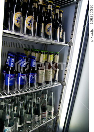 Barcelona, Spain, September 02, 2017: Drinks refrigerator with various beers in a frequent flyer lounge Barcelona, Spain, September 02, 2017: Drinks refrigerator with various beers in a frequent flyer lounge 139833510