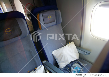 Frankfurt, Germany, 03 November 2017: Two economy class seats on board a long haul aircraft 139833520