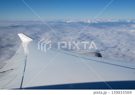 Frankfurt, Germany, 03 November 2017: Airplane wing and engine above the clouds Frankfurt, Germany, 03 November 2017: Airplane wing and engine above the clouds 139833569
