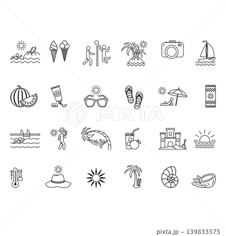 Line Summer Icons Set. Vector Icons of Beach, Sun, Beach Volleyball, Watermelon, Luggage, Ice Cream, Hot, Pool, Sunglasses, Coconut, and Other Line Summer Icons Set. Vector Icons of Beach, Sun, Beach Volleyball, Watermelon, Luggage, Ice Cream, Hot, Pool, Sunglasses, Coconut, and Other 139833575