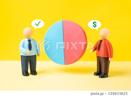 Equal business partners and their shares in the business. Partners discuss fair distribution of income, responsibility and ownership in the company. Equal business partners and their shares in the business. Partners discuss fair distribution of income, responsibility and ownership in the company. 139833625