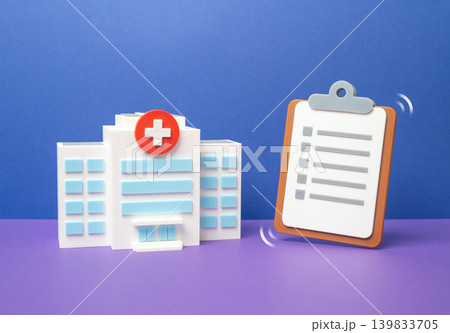 A hospital and a writing pad with checklists. Annual health check, medical examinations and preventive testing for healthcare monitoring and diagnosis. 139833705