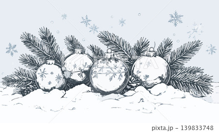 Christmas ornaments resting in snow with fir branches Christmas ornaments resting in snow with fir branches 139833748