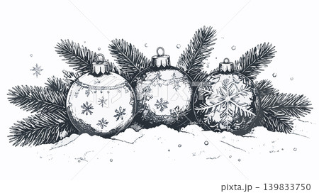 Christmas ornaments resting in snow with fir tree branches 139833750