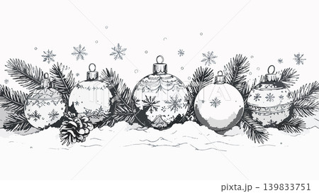 Christmas ornaments resting on snow with fir branches 139833751