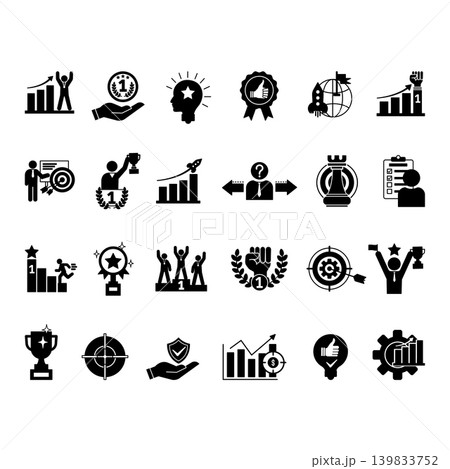 Glyph Success Icon Set. Vector Icons: Goal, Trophy, Achievement, Strategy, Security, Motivation, Potential, Victory, Solution, Reward, Mission, Triumph, and More 139833752
