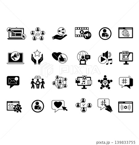 Glyph Social Media Icon Set. Vector Icons Social Networks, Add Friend, Like, New Message, Blog Music, Marketing, Hashtag, App, Trend, Communication and Other 139833755