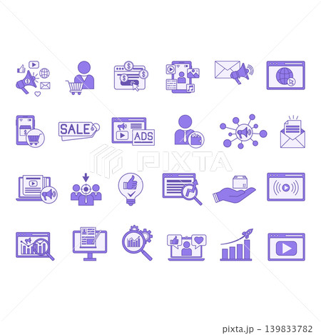 Purple Digital Marketing Icon Set. Vector Illustrations Clients, SEO, Website, Sales, Content, Online Store, Advertising, Analytics, Blog, Earnings, Newsletter, Streaming, Social Media, Product, and M 139833782