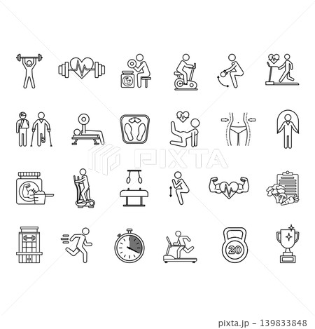 Line Gym Icon Set. Vector Illustrations Fitness, Weightlifting, Elliptical Bike, Weight Loss, Diet, Protein, Treadmill, Bench Press, Squat, Weight, Injury, Kettlebell, and More Line Gym Icon Set. Vector Illustrations Fitness, Weightlifting, Elliptical Bike, Weight Loss, Diet, Protein, Treadmill, Bench Press, Squat, Weight, Injury, Kettlebell, and More 139833848