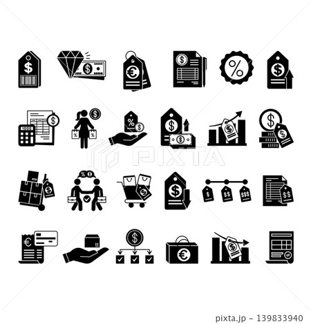 Glyph Price Icon Set. Vector Icons: Price Tag, Product, Cost, Expenses, Discount, Value, List Price, Price Range, Purchase, Invoice, Wholesale Price, Retail Price, and More 139833940