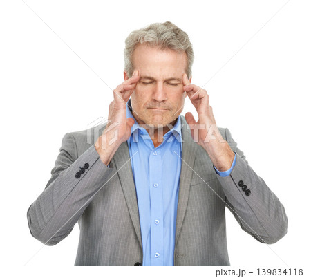 Angry, business man and headache with anxiety from problem and work mistake in a studio. Mature, sales manager and mental health with stress from management issue and frustrated with white background Angry, business man and headache with anxiety from problem and work mistake in a studio. Mature, sales manager and mental health with stress from management issue and frustrated with white background 139834118