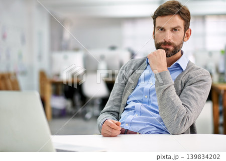 Businessman, confident and portrait by desk for professional worker, friendly and commitment at work. Human resources consultant, face or pride in career in office, ambitious or serious in workplace Businessman, confident and portrait by desk for professional worker, friendly and commitment at work. Human resources consultant, face or pride in career in office, ambitious or serious in workplace 139834202