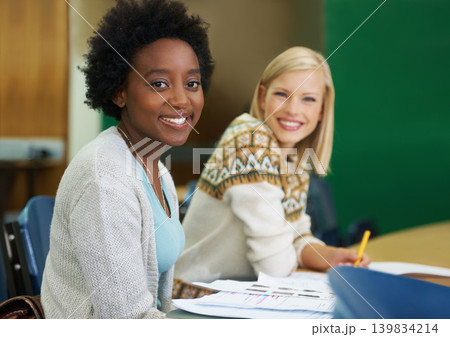 Students, university and studying for exam in portrait, information and notes for knowledge. People, friends and support in education for learning, problem solving and ideas for solution in test Students, university and studying for exam in portrait, information and notes for knowledge. People, friends and support in education for learning, problem solving and ideas for solution in test 139834214