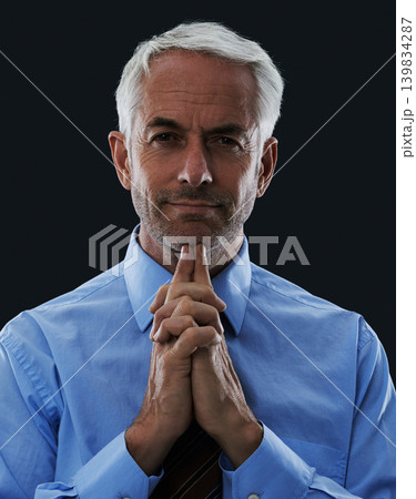 Thinking, portrait and mature businessman with confidence as lawyer in black background, studio and mockup. Professional, attorney and legal advisor as problem solving consultant in law or business Thinking, portrait and mature businessman with confidence as lawyer in black background, studio and mockup. Professional, attorney and legal advisor as problem solving consultant in law or business 139834287
