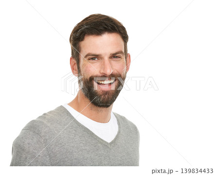 Portrait, smile and fashion with man, happiness and confident guy isolated on a white studio background. Face, person and model with joy and mockup space with geek and funny with humor and laughing Portrait, smile and fashion with man, happiness and confident guy isolated on a white studio background. Face, person and model with joy and mockup space with geek and funny with humor and laughing 139834433