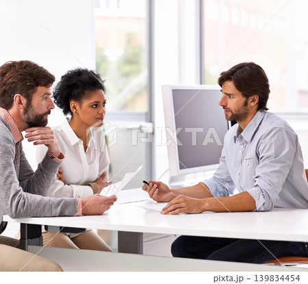 Business people, meeting and manager talking with staff at desk for planning and data entry specialist. Teamwork, discussion and management of team with professional conversation for company project 139834454