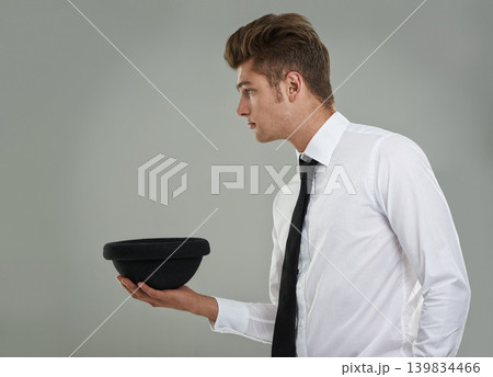 Studio, hat and business man with corporate fashion, classy and elegant style on gray background. Male person, professional and profile for formal clothing, mockup space and trendy or cool accessory Studio, hat and business man with corporate fashion, classy and elegant style on gray background. Male person, professional and profile for formal clothing, mockup space and trendy or cool accessory 139834466