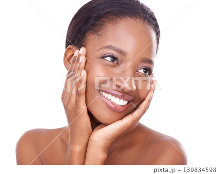 Face, black woman and skincare in studio with smile for treatment, beauty and natural look with healthy skin. Happy, soft and glow with facial wellness for positive results and aesthetics Face, black woman and skincare in studio with smile for treatment, beauty and natural look with healthy skin. Happy, soft and glow with facial wellness for positive results and aesthetics 139834598