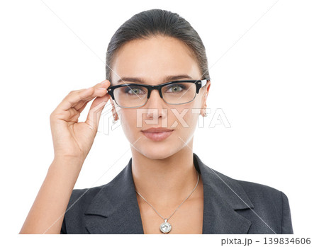 Businesswoman, glasses and agent in studio portrait, professional and consultant on white background. Female person, eyewear and entrepreneur confident for startup company, optical care and pride 139834606
