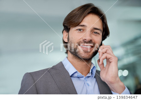 Businessman, portrait and phone call for networking in office, communication and app for conversation. Male person, negotiation and connection for opportunity in career, talking and b2b for planning Businessman, portrait and phone call for networking in office, communication and app for conversation. Male person, negotiation and connection for opportunity in career, talking and b2b for planning 139834647