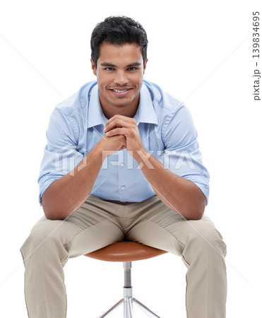 Business man, portrait and happy in studio, corporate employee and career in sales on white background. Professional, positivity and pride with smile, salesman sitting in chair and confidence Business man, portrait and happy in studio, corporate employee and career in sales on white background. Professional, positivity and pride with smile, salesman sitting in chair and confidence 139834695