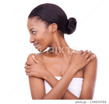 Beauty, skincare and black woman with self care in studio, white background or cosmetics mockup. African, model and healthy glow on skin from dermatology, treatment or person with confidence or pride Beauty, skincare and black woman with self care in studio, white background or cosmetics mockup. African, model and healthy glow on skin from dermatology, treatment or person with confidence or pride 139834768