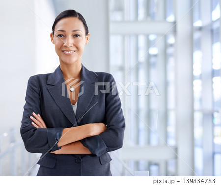 Happy, business woman and portrait in confidence at office for career ambition or law of professional attorney. Female person, lawyer or employee with smile, arms crossed or fashion at corporate firm Happy, business woman and portrait in confidence at office for career ambition or law of professional attorney. Female person, lawyer or employee with smile, arms crossed or fashion at corporate firm 139834783