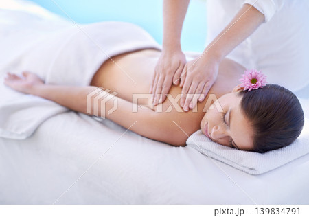 Sleep, spa and woman at pool for massage with health, wellness and luxury holistic treatment. Self care, peace and girl on table with professional masseuse for body therapy, relax and hotel service Sleep, spa and woman at pool for massage with health, wellness and luxury holistic treatment. Self care, peace and girl on table with professional masseuse for body therapy, relax and hotel service 139834791