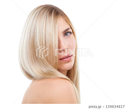 Hair care, beauty and portrait of serious woman in makeup isolated on a white studio background. Face, hairstyle and blonde model in cosmetics, hairdresser or salon treatment for care on mockup space Hair care, beauty and portrait of serious woman in makeup isolated on a white studio background. Face, hairstyle and blonde model in cosmetics, hairdresser or salon treatment for care on mockup space 139834817