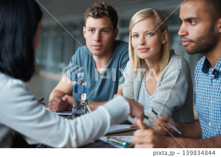 Education, college and students in studying for learning, share ideas and research for project in portrait. People in library, academic discussion for assignment on campus, diversity and scholarship Education, college and students in studying for learning, share ideas and research for project in portrait. People in library, academic discussion for assignment on campus, diversity and scholarship 139834844