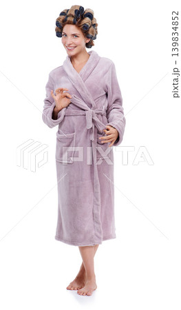Portrait, hair and bathrobe with woman curling in studio isolated on white background for pampering. Smile, beauty and wellness with happy young person in bathroom to relax for haircare treatment 139834852