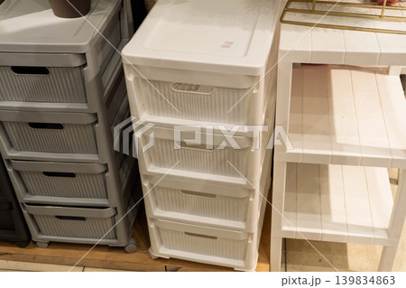 Plastic Storage Drawers and Shelves Display Plastic Storage Drawers and Shelves Display 139834863