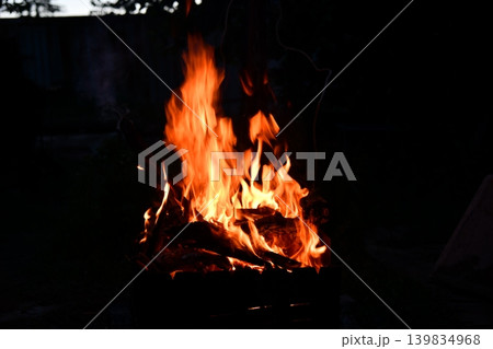 Fire flame isolated on black isolated background - Beautiful yellow, orange and red and red blaze fire flame 139834968