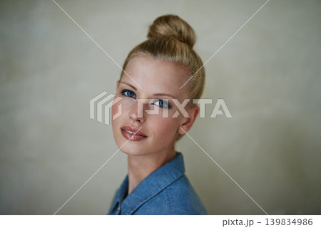Women, portrait and studio with denim, hipster and beauty look for trendy apparel with makeup. Female person, pose and head by background, retro and style aesthetic for glamour and closeup face Women, portrait and studio with denim, hipster and beauty look for trendy apparel with makeup. Female person, pose and head by background, retro and style aesthetic for glamour and closeup face 139834986