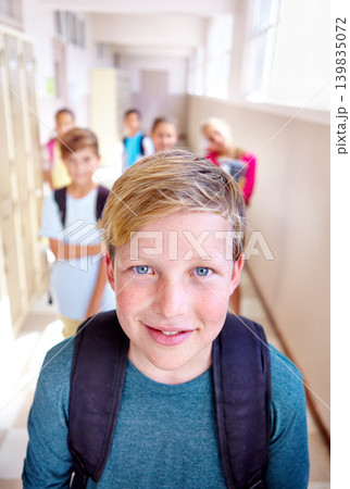 Boy, friends and portrait in school hallway or backpack or education or learning together or studying, academic or USA. Children, group and face in building or student lessons, development or future Boy, friends and portrait in school hallway or backpack or education or learning together or studying, academic or USA. Children, group and face in building or student lessons, development or future 139835072