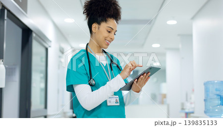 Medical, tablet or surgeon typing for research on social media to for medicine news online in hospital. Woman doctor reading, scroll or healthcare nurse browsing on technology for telehealth services Medical, tablet or surgeon typing for research on social media to for medicine news online in hospital. Woman doctor reading, scroll or healthcare nurse browsing on technology for telehealth services 139835133