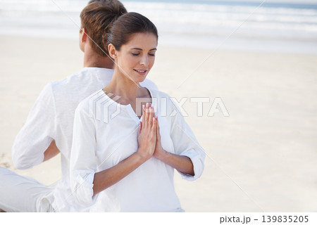Prayer hands, couple and meditation on beach for zen and wellness with holistic healing outdoor for calm and yoga. Ocean, people and mindfulness together for bonding, peace and spiritual in nature Prayer hands, couple and meditation on beach for zen and wellness with holistic healing outdoor for calm and yoga. Ocean, people and mindfulness together for bonding, peace and spiritual in nature 139835205