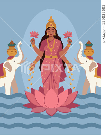 Traditional hindu illustration of goddess lakshmi seated on a lotus flower, with four arms holding gold coins and lotus buds, surrounded by elephants and prosperity symbols Traditional hindu illustration of goddess lakshmi seated on a lotus flower, with four arms holding gold coins and lotus buds, surrounded by elephants and prosperity symbols 139835603