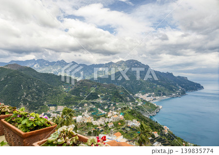 Panoramic View of Amalfi Coast from a Beautiful Garden in Ravello, Italy Panoramic View of Amalfi Coast from a Beautiful Garden in Ravello, Italy 139835774
