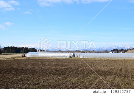 春の農作業を待つ水田地帯と育苗ハウス(岩手県花巻市) 春の農作業を待つ水田地帯と育苗ハウス(岩手県花巻市) 139835787