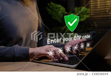 Two-factor authentication and online security concept. Person typing on laptop and OTP code input with password symbols and shield checkmark represent secure login, identity verification process, MFA 139836034