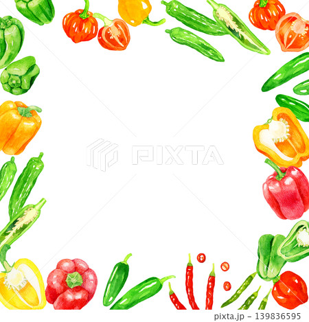 トウガラシの仲間の野菜たちのフレーム　手描き水彩イラスト背景素材 139836595