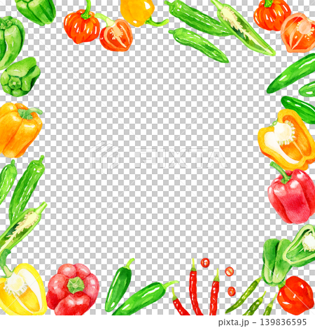 トウガラシの仲間の野菜たちのフレーム　手描き水彩イラスト背景素材 139836595