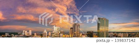 St. Petersburg, Florida, USA. View from above of skyline featuring high-rise condominiums, office buildings and urban parks at sundown. 139837142