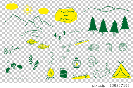 Nature & Outdoor Hand-Drawn Illustration Set | Green & Yellow 139837195