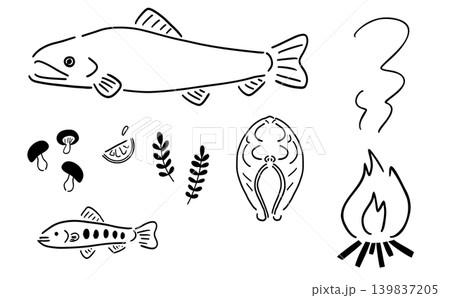 アウトドア料理_焚き火と魚_手描きイラスト_ベクター|線画 アウトドア料理_焚き火と魚_手描きイラスト_ベクター|線画 139837205