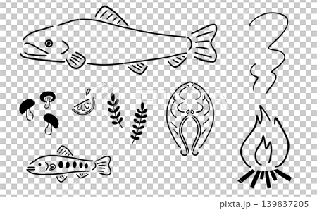 Outdoor Cooking - Campfire and Fish - Hand-Drawn Illustration - Vector | Line Art Outdoor Cooking - Campfire and Fish - Hand-Drawn Illustration - Vector | Line Art 139837205