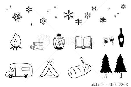 冬のおこもりキャンプ_手描きイラスト,ベクター|線画 冬のおこもりキャンプ_手描きイラスト,ベクター|線画 139837208